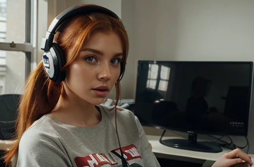 ((gamer)), highly detailed professional photograph of full body scene involving a woman (((one 30 year old auburn haired (Olivia Munn) faced ((voluptuous)) woman with (pillowy enormous breasts:1.1) and (large ass) sweatshirt gamer))) ((playing video games holding a controller)). (((frowning face expression:1.2))), (((breasts touching floor))), Specular lighting,8K, global natural light, sharp focus, cinematic, 8k, nikon d750 f/1.4 55mm, crystal clear, intricate detail, chiaroscuro,