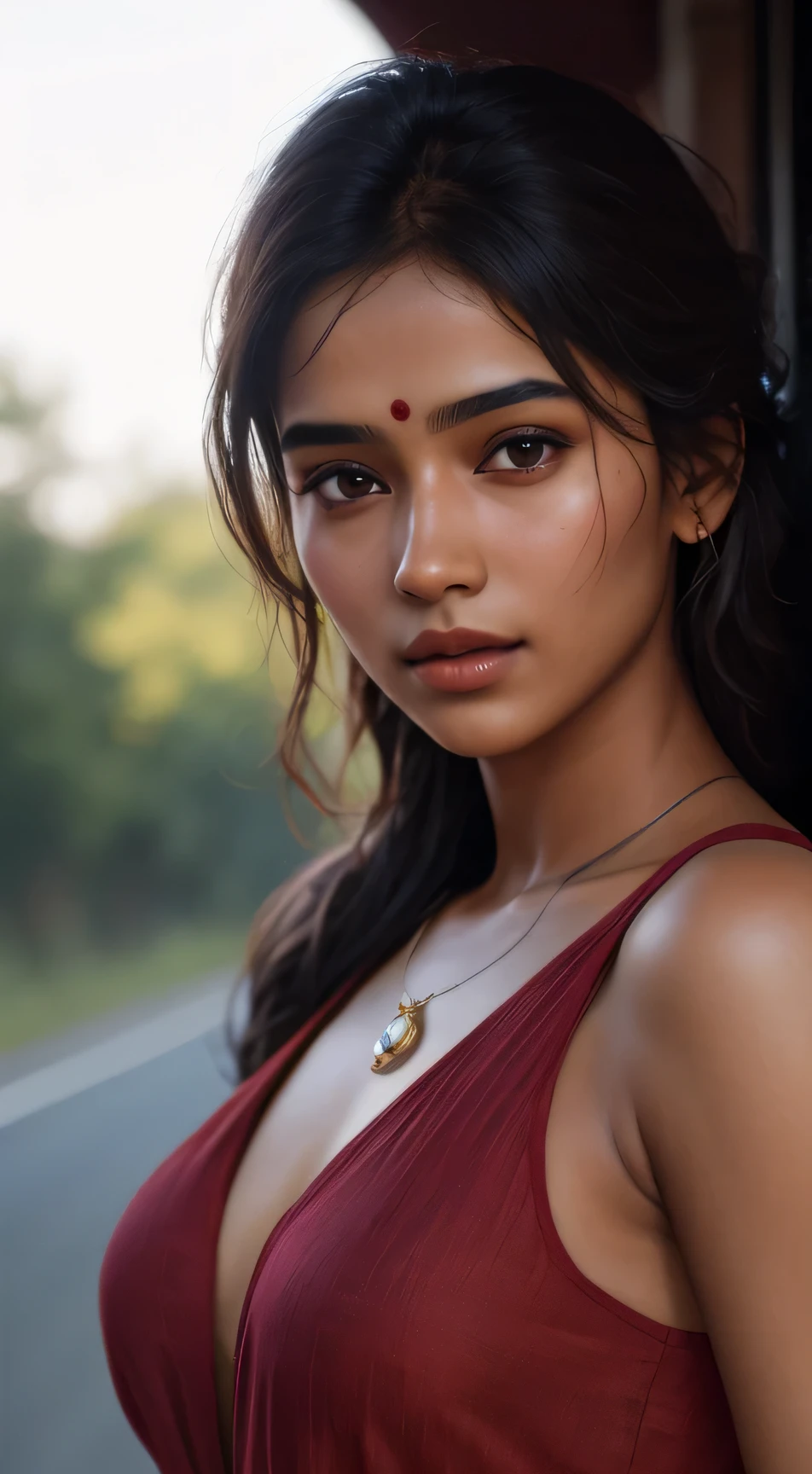 young Indian girl, 18-year-old, red top, gentle lighting, intricate facial details, flawless complexion, top-notch 3D rendering, hyper-realistic, shot on Indian road. photorealistic digital art trending on Artstation 8k HD high definition detailed realistic, detailed, skin texture, hyper detailed, realistic skin texture, armature, best quality, ultra high res, (photorealistic:1.4),, high resolution, detailed, raw photo, 400 camera f1.6 lens rich colors hyper realistic lifelike texture dramatic lighting unrealengine trending on artstation cinestill 800