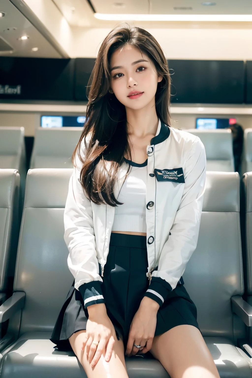 1 girl, (photorealistic, high resolution: 1.4), full body (8k, RAW photo, top quality, masterpiece: 1.2), (realistic, photorealistic): 1.37), ((white skin: 1.2), busty, 20 year old girl, alone, viewer's gaze, (middle hair: 1.5), airplane, airport, stewardess uniform, formal jacket, real, (masterpiece: 1.4), ( Best Quality: 1.4), (Glossy Skin), Smile (Skinny, Mouth Closed, Shy: 1.3), Mini Skirt, Open Legs