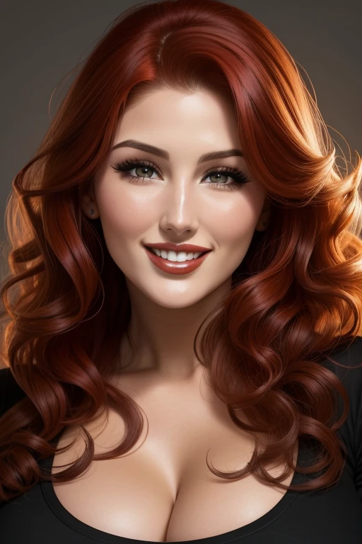 lucy pinder, face portrait, curly hair, red hair, red lipstick, Black T-shirt, smiling