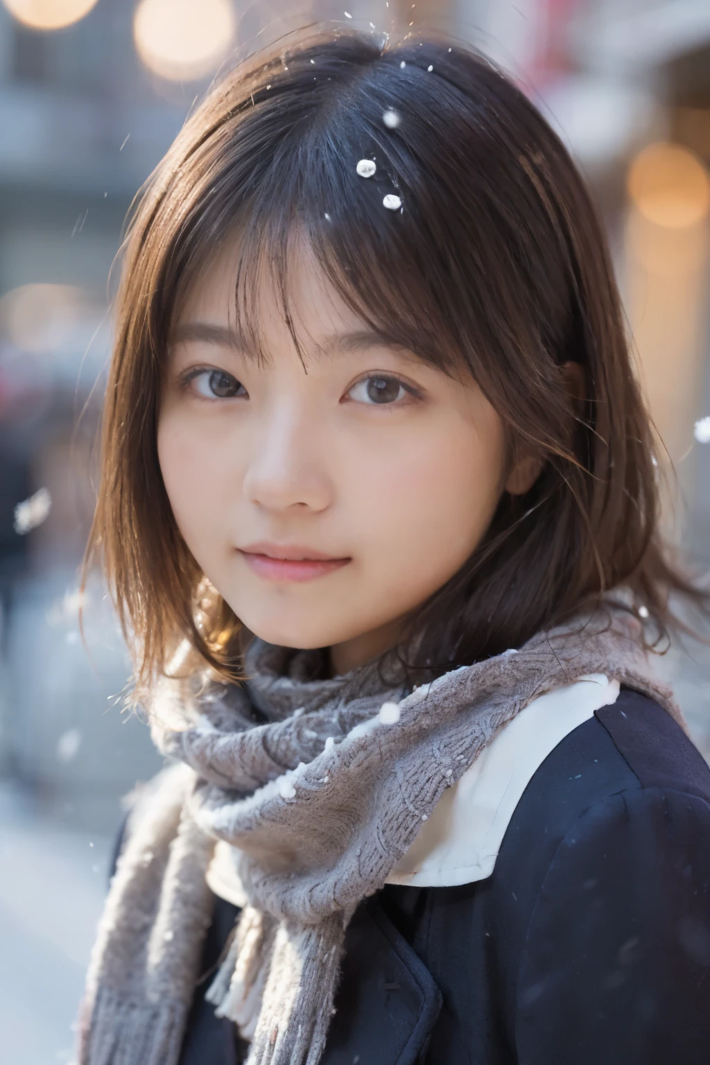 ((No makeup、close your eyes、close your mouth:1.2))、(realistic、Photoreal、super detailed、best detailed skins、highest quality、masterpiece、Super high resolution)、cute japanese woman、、high school girl、young girl、1 girl、have bangs、double eyelid、drooling eyes、Japanese style face、purity、double teeth、realistic肌タイプ、thick muffler、Grey muffler、fluffy hair、((hair is inside the scarf:1.3))、red cheeks、the wind is blowing、It's snowing、night、illumination、Light is shining from behind