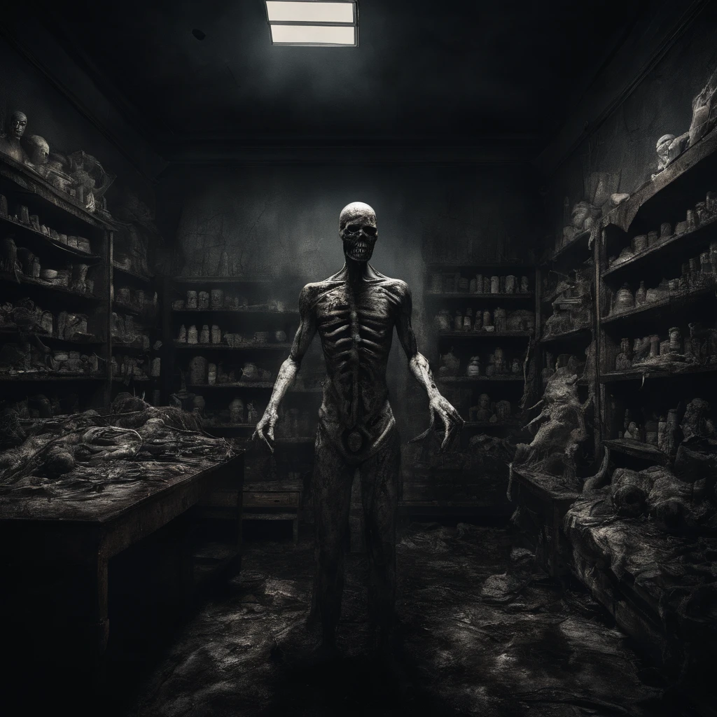 (Best quality, 4K, A high resolution, Masterpiece:1.2), (((Bloody parts big store interior)))The shelves are full of horror, blood vessel, sci-fy ,(crowed:1.2),[Creepy mannequins], [Horrible amputation], [Bloody tools], [Rotting organs], [Terrible surgical instruments], [Disturbing dissection table], [Eerily dim lighting], [Sinister atmosphere][Creepy sculpture], [Disturbing mural], [Horror movie props], [Creepy doll head], [Haunting reflection], [Creepy shadows], [Morbid curiosity], [Creepy glass jars], [Ominous background music], [Creepy costumes], [Distorted mirror], [Menacing mannequin eyes], [Spooky abandoned aisles], [Bloody floor], [Haunted whispers], [Psychotic salesman], [Creepy window display], [Scary realistic mannequin limbs], [The screams echoed in the distance], [sinister expressions], [Strange mannequin face], [Grinding chains], [eerie fog], [The Mad Scientist Lab resonates], [Bloodstained price tag], [creepy atmosphera]