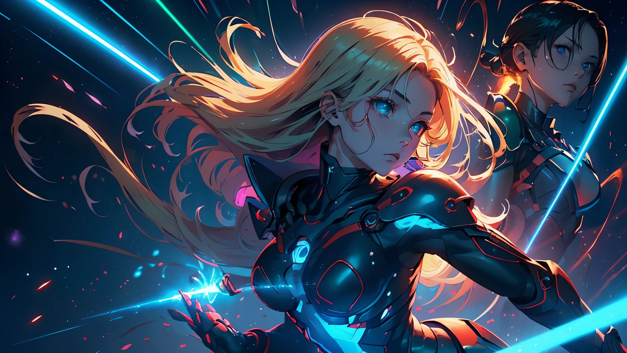 1 female, solo, top-quality、Top image quality、​masterpiece、Android Girl((18year old、Red, Black and blue glowing cybersuit、Blue energy source for the chest,Best Bust、Bust 90、Blonde Away Tail、Blue-green eyes、open chest wide、Valley、Happiness、A slender、Warlike face、Stand at the front、Countless cable connections throughout the body、Particles of light、Sharp claw arm)）hiquality、Beautiful Art、Background with((Blue lighting、Green particles、Red Laser Pointer、Purple swirl))、masutepiece、Elaborate design、visualart、Theatrical films