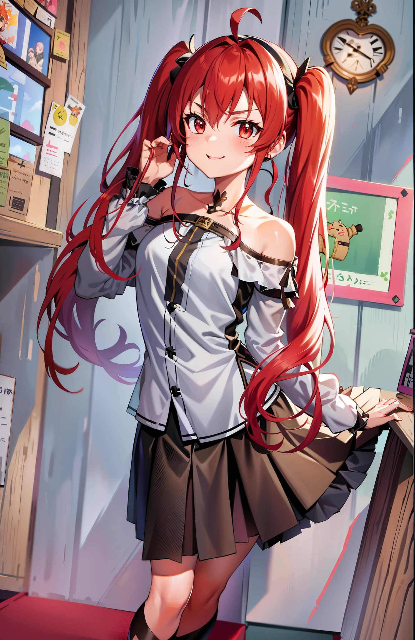 Eris Greyrat, (1 girl:1.3), solo, Ahoge, bangs, (off shoulder:1.3), black hair band, smile, sit on a chair, (hand between legs:1.3), hair between eyes, hair band, long hair, long sleeve, looking at the viewer, red eyes, redhead, idol costume, ruffle skirt, (Skirt below the knee:1.3), alone, High resolution, Harm, mushoku tensei, cowboy shot, (twin tails:1.3)