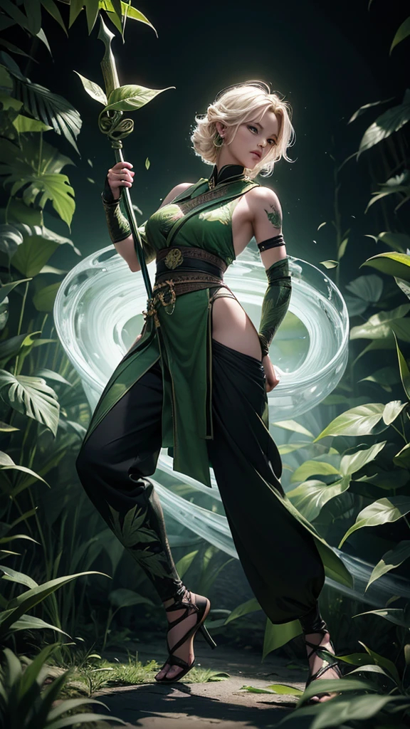 ((full body illustration)), high definition|quality|contrast. Fantasy art. an woman warrior holding a staff, ((attack pose)), looking at the viewer, Eastern traditional combat costume in shades of green, tattoo on her leg, (swirl of leaves around her:1.5), wind. her body emanates an energy of peace and strength that emits white and green colors of peace and strength.This energy that radiates around her protects her against an evil spirit. soft ambient light, fantasy dream background.