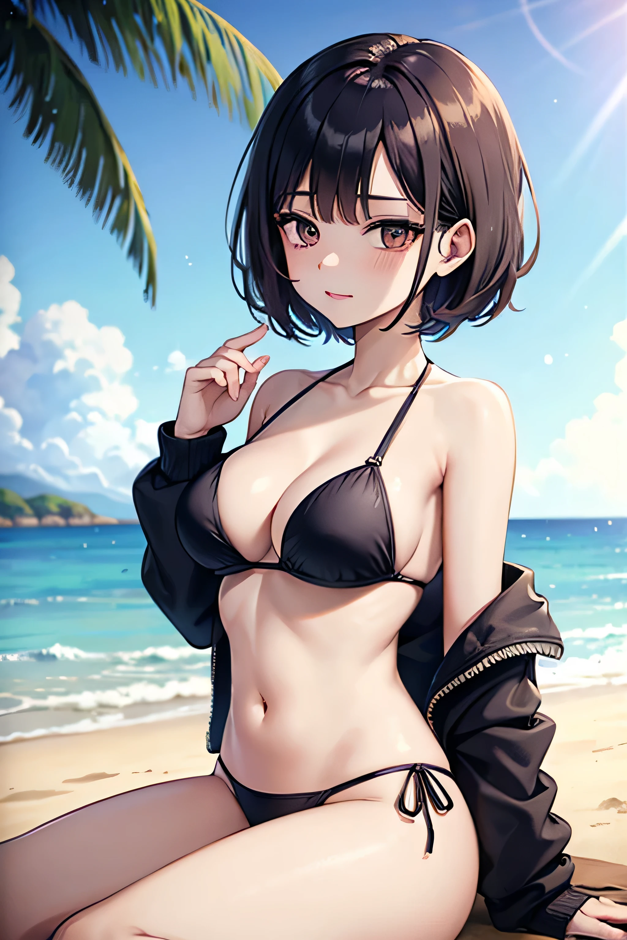 one cute anime girl, American, pale skin, expressive brown eyes, bobbed hair short cut, medium sized breast, dark violet bikini swimsuit, relaxing on the beach close. palm trees, sunrise, terse sky, quiet sea. body fully visible.