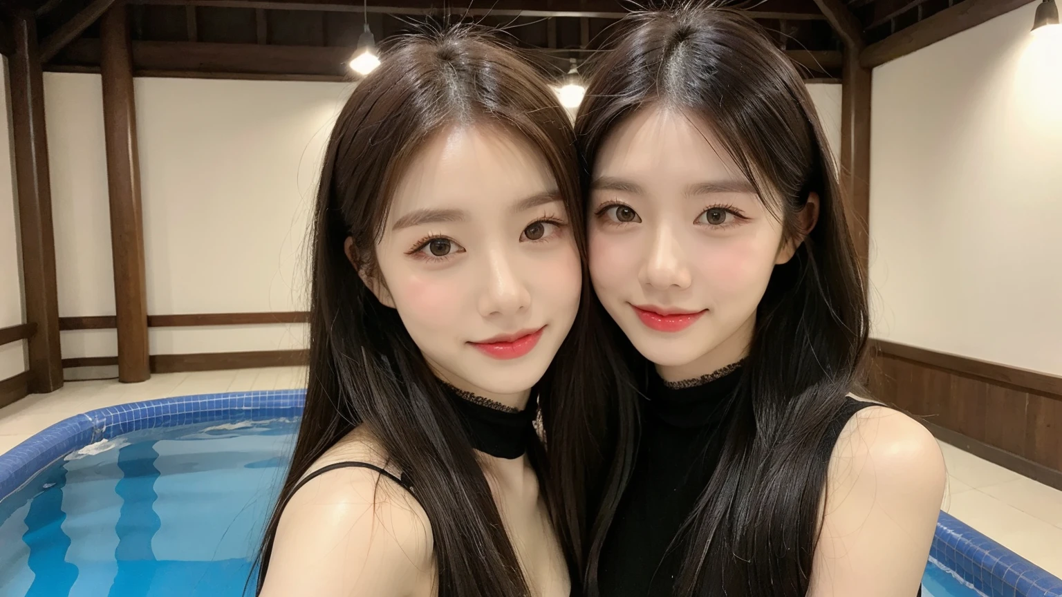 2 beautiful women standing and hugging，(High resolution 8K Raw lifelike,best quality)，Fashion trendy beautiful charming woman，gentle and charming Chinese beautiful woman，South Korea,South Korea流行偶像，Charming goose egg face，double eyelids，Skillful[The lower eyeballs are peach colored，red pink lips，small nose，The focus is on the face，face close-up，Super detailed，Alphabet and Chinese character printed turtleneck bodysuit，Bare shoulders，long hair，(Seven-part shot)，lace，lace， fresh and impressive， natural color，headlight，Normal body proportions， big breasts，tattoo，(There is a pond outside the window，Ancient Pavilion，Ancient bridge，lotus leaf，lotus，Small island)，sunshine on face，sweet smile