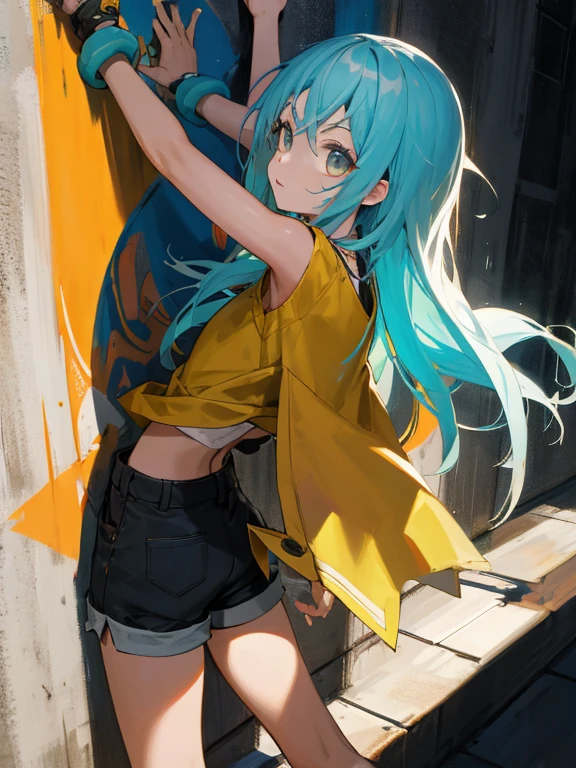 absurdos, Mejor calidad,rimuru, Solo, pelo agua, top corto, shorts de mezclilla, gargantilla, (pintada:1.5), salpicadura de pintura, arms behind the back, (encorvado), Lean back, contra la pared, (inclinarse hacia un lado:0.25), mirando al espectador, brazalete, correa del muslo, pelo rayado, pintura en el cuerpo, ojos vueltos hacia arriba, Cabeza abajo, nod, (de un lado:0.75), aburrido, (inexpresivo:0.75)