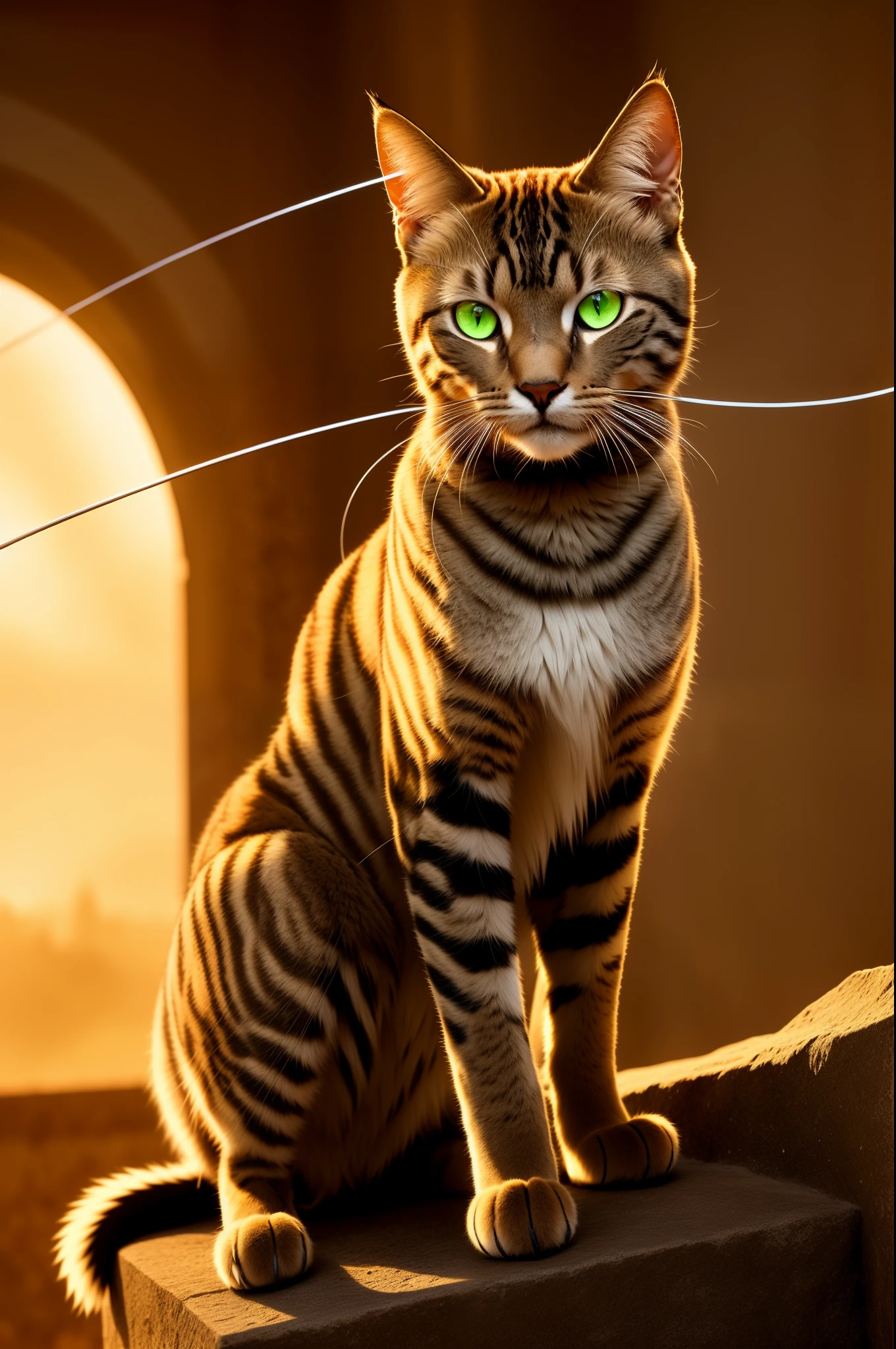 A sleek, metallic archer cat with glowing green eyes sits majestically on a weathered stone, its tail curled into an intricate wire design. (cyborg: 1.1), (tail | detailed wire: 1.3), (intricate details): With each precise paw placement on the bowstring, a faint electrical charge crackles in the air, hinting at its hidden mechanical nature. HDR, (intricate details, hyperdetailed: 1.2), cinematic shot: The sun sets behind the feline warrior, bathed in a warm, golden light, creating an ethereal atmosphere that highlights the hyperdetailed fur textures and mechanisms under its skin.