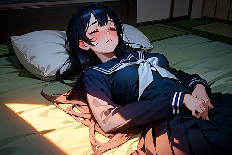 1girl, solo, pretty girl, 18 years old, black hair, long hair, faint lips, blush, (embarrassed), medium breasts,(serafuku),(black serafuku),long sleeve, (Japanese-style room), tatami, Shoji, lying, on back, pillow,((futon)) , comforter, put the the blanket on, sleeping, parted lips, (looking up:1.0), sunset, cinematic angle, best quality, detailed, high resolution