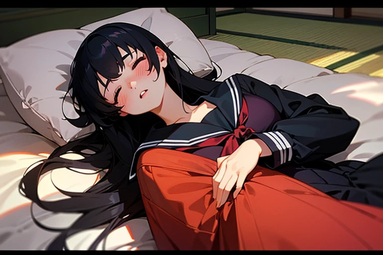 1girl, solo, pretty girl, 18 years old, black hair, long hair, faint lips, blush, (embarrassed), medium breasts,(serafuku),(black serafuku),long sleeve, (Japanese-style room), tatami, Shoji, lying, on back, pillow,((futon)) , comforter, put the the blanket on, sleeping, parted lips, (looking up:1.0), sunset, cinematic angle, best quality, detailed, high resolution