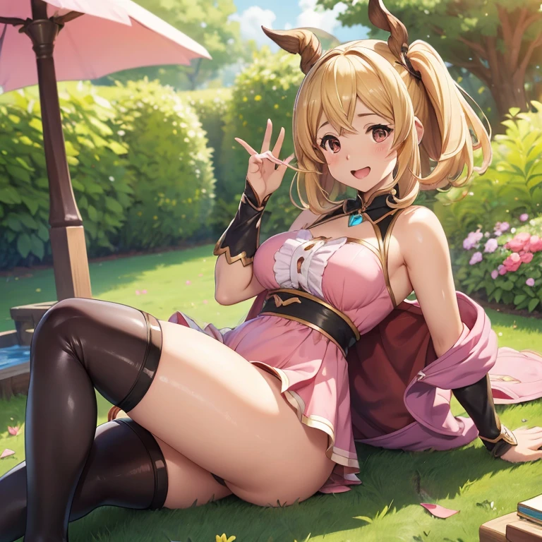 granblue fantasy,Grabble,djeeta,djeetaちゃん,mesugaki,Official Images,Official illustration,black knee high socks,pink clothes,thighs thighs thighs,djeeta,laughter,blonde,むちむちthighs thighs thighs