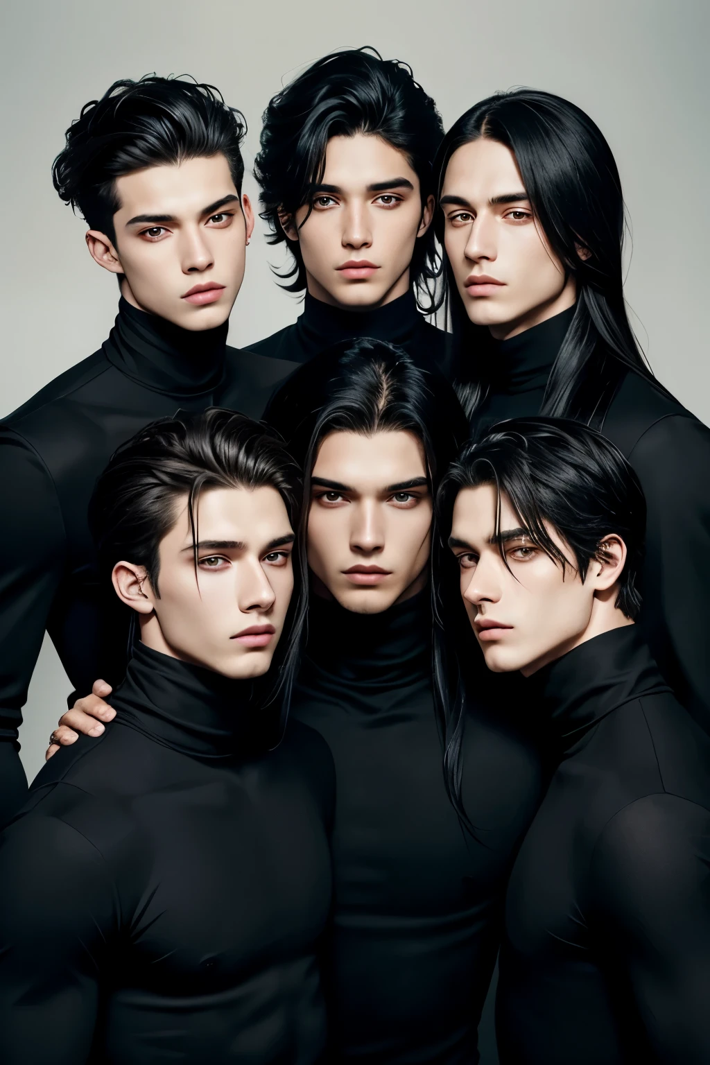 four 20 year old boys, one of them has long hair, and all four boys have black hair, beautiful, they are wearing black turtlenecks and long sleeves, close-up of the bust and face, photo shoot, fashion editorial, fashion style, editorial.