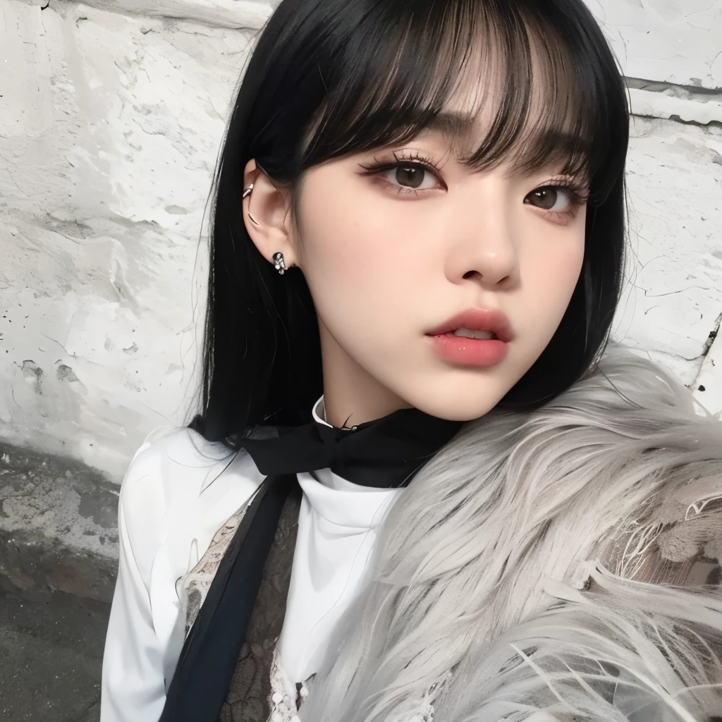 there is a young woman with a black tie and white shirt, Ulzzang, she has black hair com franja, portrait of jossi do blackpink, Sun Yunjoo, Lalisa Manobal, jossi do blackpink, com franja, cruel korean goth girl, adorable and pale korean face, com franja completa, Lalisa Manoban do Blackpink, coreana