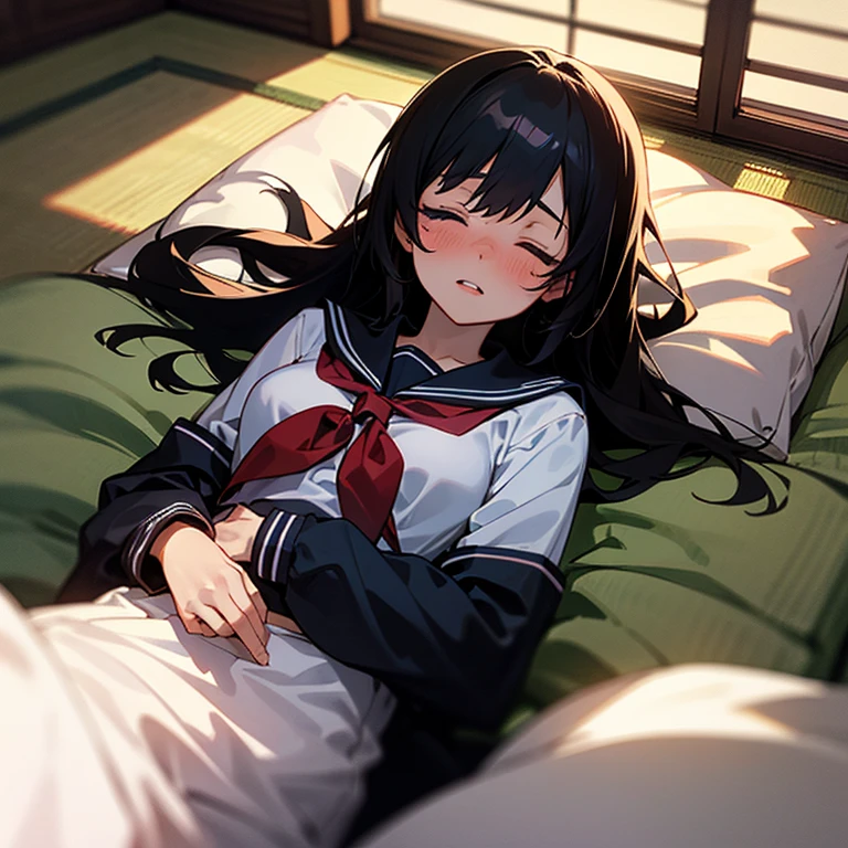 1girl, solo, pretty girl, 18 years old, black hair, long hair, faint lips, blush, (embarrassed), medium breasts,(serafuku),(black serafuku),long sleeve, (Japanese-style room), tatami, Shoji, lying, on back, pillow,((futon)) , comforter, put the the blanket on, sleeping, parted lips, (looking up:1.0), sunset, cinematic angle, best quality, detailed, high resolution
