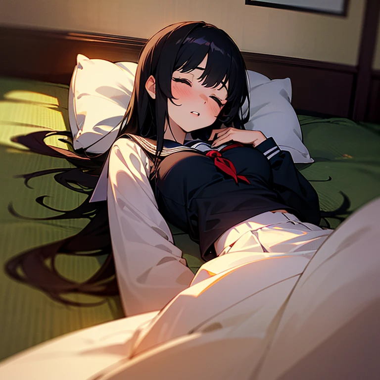 1girl, solo, pretty girl, 18 years old, black hair, long hair, faint lips, blush, (embarrassed), medium breasts,(serafuku),(black serafuku),long sleeve, (Japanese-style room), tatami, Shoji, lying, on back, pillow,((futon)) , comforter, put the the blanket on, sleeping, parted lips, (looking up:1.0), sunset, cinematic angle, best quality, detailed, high resolution