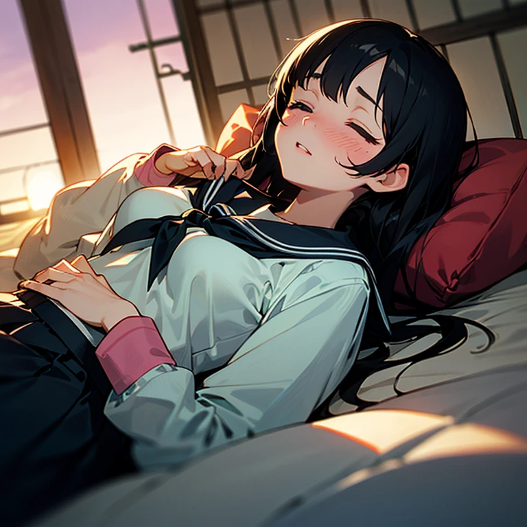 1girl, solo, pretty girl, 18 years old, black hair, long hair, faint lips, blush, (embarrassed), medium breasts,(serafuku),(black serafuku),long sleeve, (Japanese-style room), tatami, Shoji, lying, on back, pillow,((futon)) , comforter, put the the blanket on, sleeping, parted lips, (looking up:1.0), sunset, cinematic angle, best quality, detailed, high resolution
