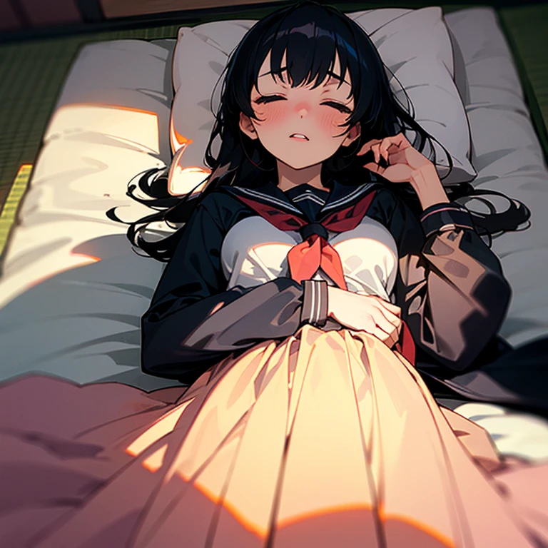 1girl, solo, pretty girl, 18 years old, black hair, long hair, faint lips, blush, (embarrassed), medium breasts,(serafuku),(black serafuku),long sleeve, (Japanese-style room), tatami, Shoji, lying, on back, pillow,((futon)) , comforter, put the the blanket on, sleeping, parted lips, (looking up:1.0), sunset, cinematic angle, best quality, detailed, high resolution