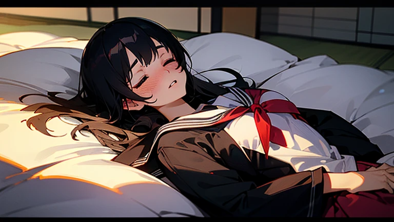 1girl, solo, pretty girl, 18 years old, black hair, long hair, faint lips, blush, (embarrassed), medium breasts,(serafuku),(black serafuku),long sleeve, (Japanese-style room), tatami, Shoji, lying, on back, pillow,((futon)) , comforter, put the the blanket on, sleeping, parted lips, (looking up:1.0), sunset, cinematic angle, best quality, detailed, high resolution
