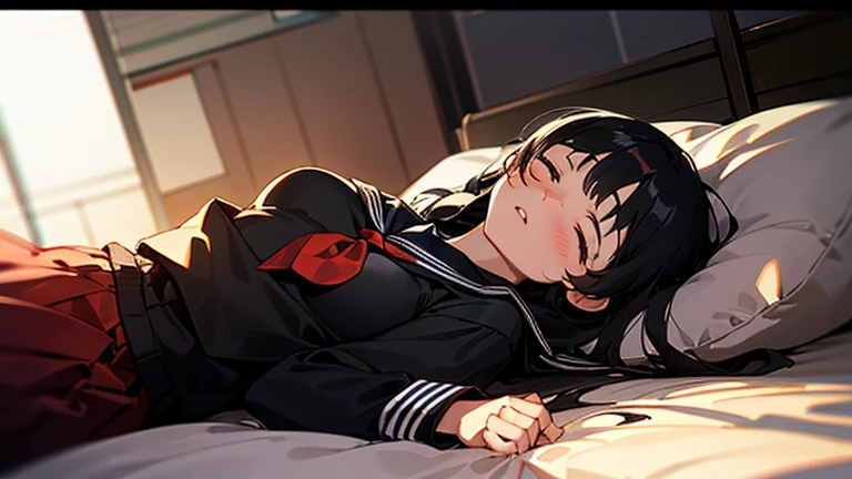 1girl, solo, pretty girl, 18 years old, black hair, long hair, faint lips, blush, (embarrassed), medium breasts,(serafuku),(black serafuku),long sleeve, (Japanese-style room), tatami, Shoji, lying, on back, pillow,((futon)) , comforter, put the the blanket on, sleeping, parted lips, (looking up:1.0), sunset, cinematic angle, best quality, detailed, high resolution
