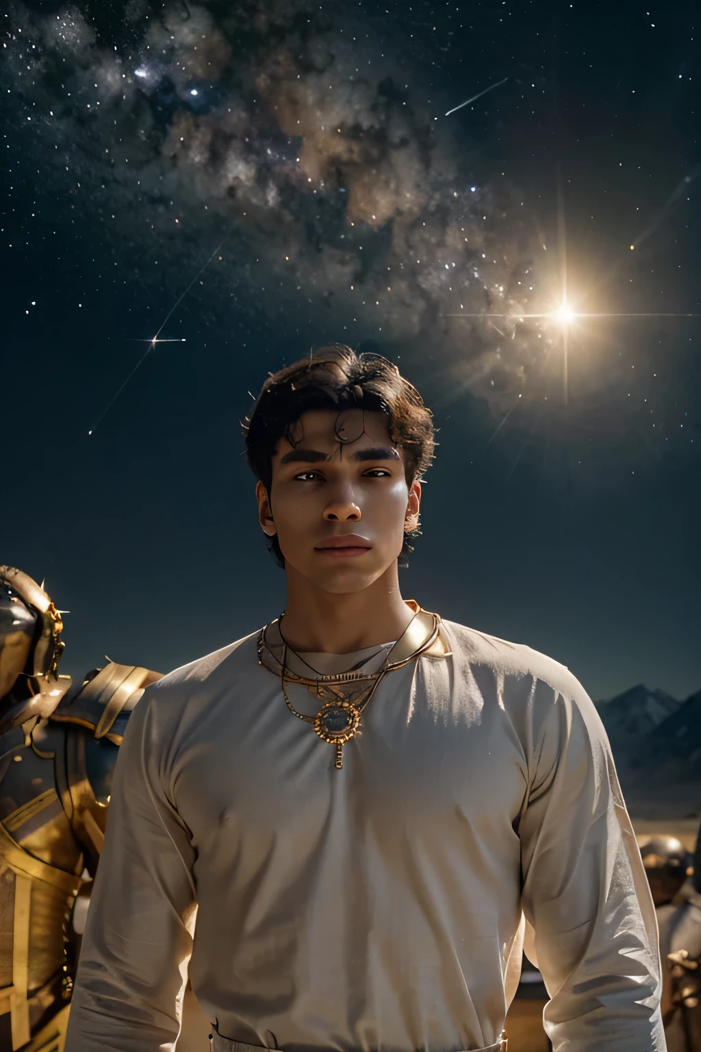 "Describe a grand image where, on one side, a colossal sun emits its radiant light, while on the other, a towering moon casts its soft glow. In the vast space between them, eleven brilliant stars adorn the celestial scene. At the epicenter of this spectacle Astral, a young man with light brown skin stands out, dressed in a colorful tunic, immersed in the magnificence of the stars. Detail the grandeur of the celestial bodies and the striking presence of the young man, creating a celestial and impactful scene."