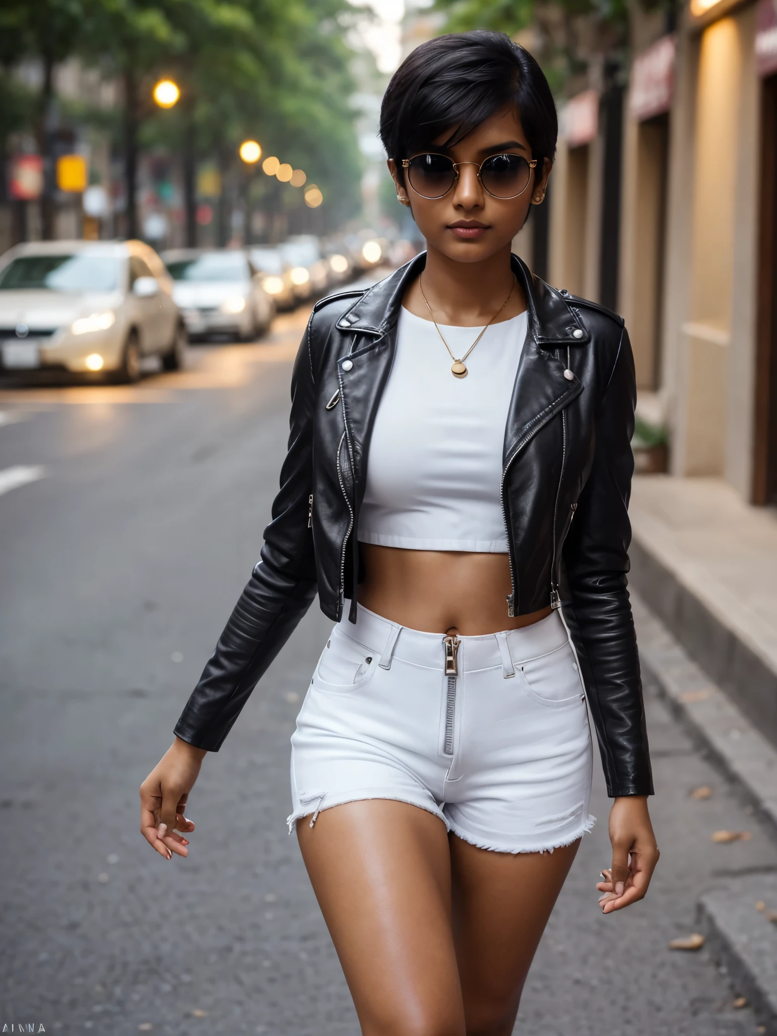 Fair complexion, hourglass figure, 20yo Tamil girl, (wearing:1.6 black leather jacket, fully open zip, tight white short denim, white crop top, high heels boots, wrist watch, small rectangular sunglasses), holding a leather purse, (oval face, large eyes, straight thin nose, small lips, glossy lips, very short hair, pixie cut, perfect 5 fingers, shining skin, glowing skin, wide midriff, round deep navel), backlit, eyes symmetry, face symmetry, Tamil girl, walking in a distance, on the streets of Burano, slight smile and soft look