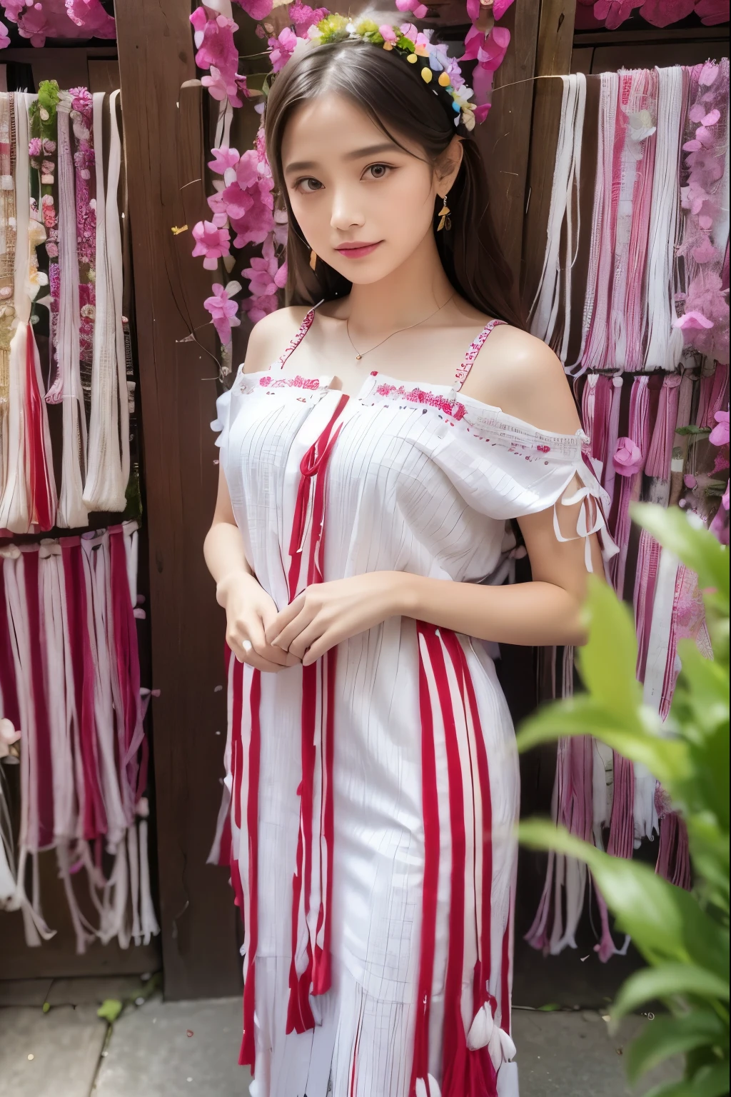 1girl wearing Karen traditional outfit, the blouses are a type of clothing that showcases the skill and creativity of the Karen weavers and embroiderers. They are made of two narrow panels of cotton or silk fabric, woven on backstrap looms, and sewn together to form a tunic-like garment. The ends of the panels are finished with long fringes that hang down from the shoulders and the waist. The blouses are decorated with intricate patterns of embroidery, applique, and beads, using various colors and motifs. Colorful flower crowns, slim fit body, Long shot photography.v shape neck collar line with beads decorated and short sleeves with strings beads decorated, red and white stripes color blouse tunic