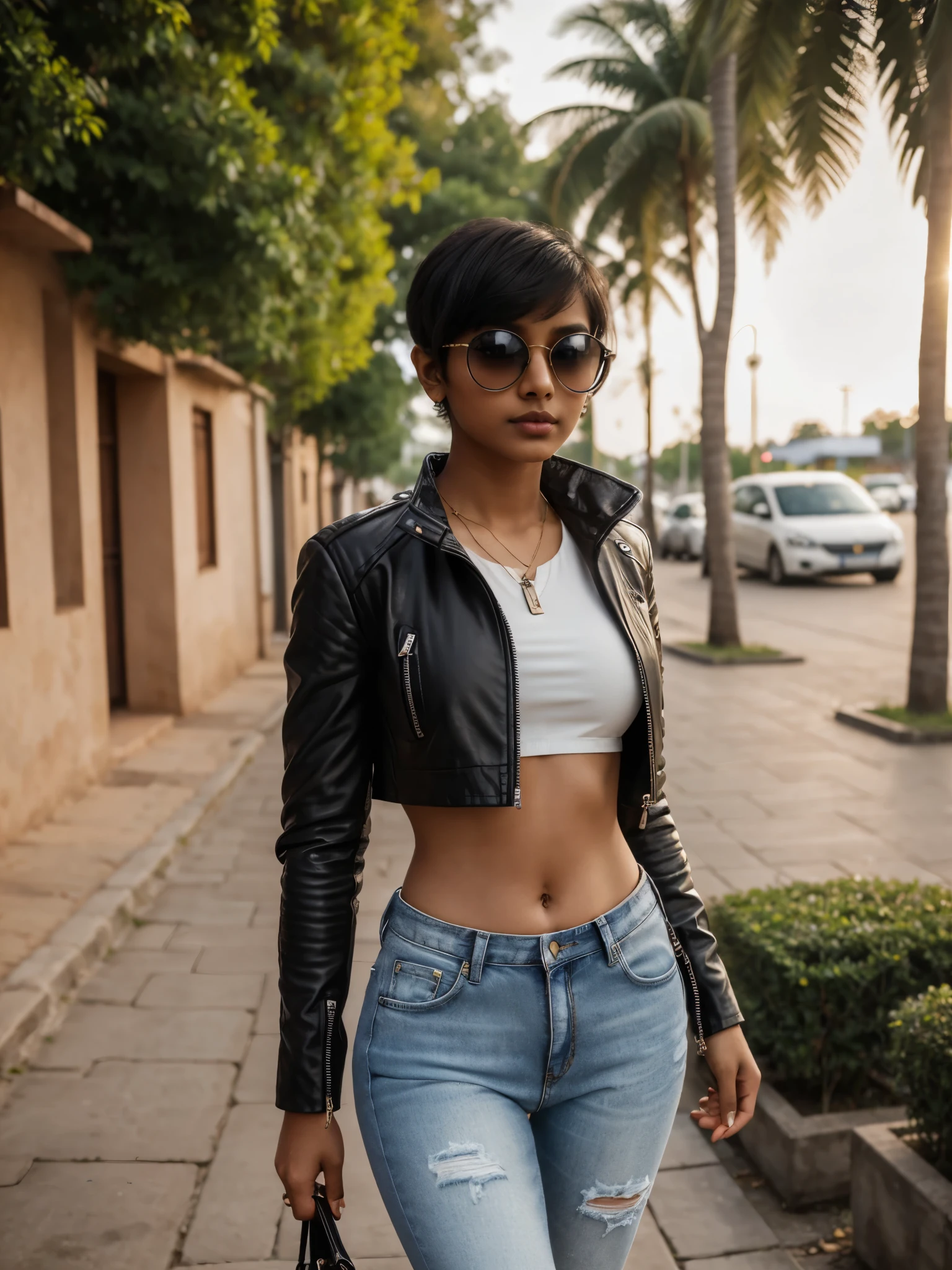 Fair complexion, hourglass figure, 20yo Tamil girl, (wearing:1.6 black leather jacket, fully open zip, tight white short denim, white crop top, high heels boots, wrist watch, small rectangular sunglasses), holding a leather purse, (oval face, large eyes, straight thin nose, small lips, glossy lips, very short hair, pixie cut, perfect 5 fingers, shining skin, glowing skin, wide midriff, round deep navel), backlit, eyes symmetry, face symmetry, Tamil girl, walking in a distance, on the streets of Colmar, slight smile and soft look