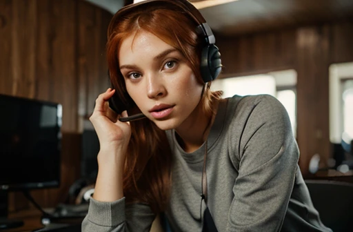Hot ginger women with fit body. Pretty face. Beautiful brown eyes. Model. Sweatpants and shirt. Headset on her head. Gaming. Ginger women playing a game. High-quality. Perfection. Ultra realistic.