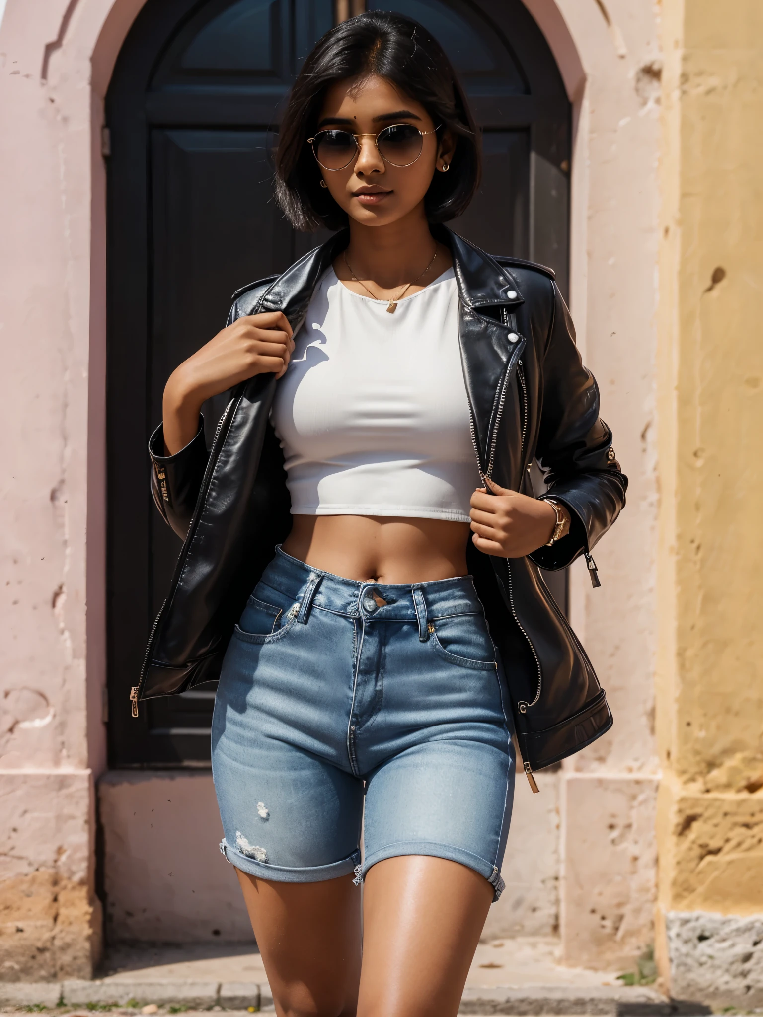 Fair complexion, hourglass figure, 20yo Tamil girl, (wearing:1.6 black leather jacket, fully open zip, tight white short denim, white crop top, high heels boots, wrist watch, small rectangular sunglasses), holding a leather purse, (oval face, large eyes, straight thin nose, small lips, glossy lips, very short hair, pixie cut, perfect 5 fingers, shining skin, glowing skin, wide midriff, round deep navel), backlit, eyes symmetry, face symmetry, Tamil girl, walking in a distance, on the streets of Burano, slight smile and soft look