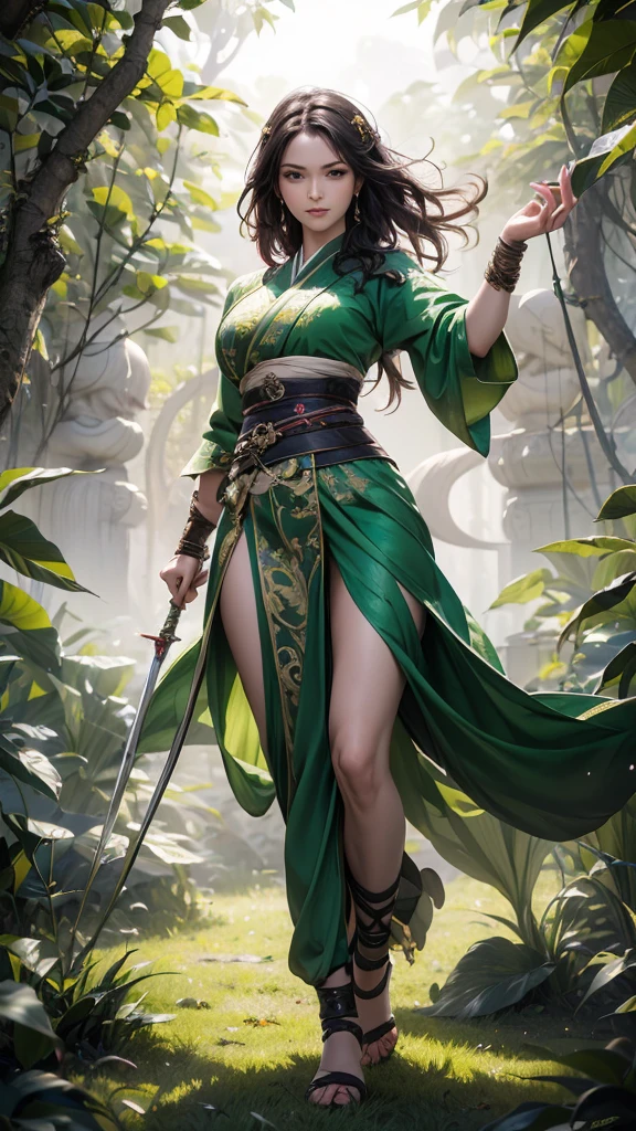 ((full body illustration)), high definition|quality|contrast. Fantasy art. an woman warrior holding a staff, ((attack pose)), looking at the viewer, Eastern traditional combat costume in shades of green, tattoo on her leg, (swirl of leaves around her:1.5), wind. her body emanates an energy of peace and strength that emits white and green colors of peace and strength.This energy that radiates around her protects her against an evil spirit. soft ambient light, fantasy dream background.