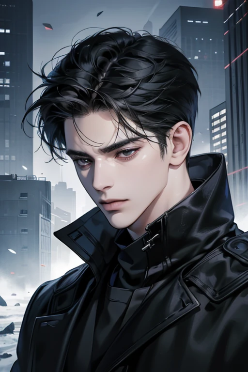 (best quality detailed image beautiful image 8K photorealistic dramatic lighting 1:1) (digital art digital illustration) (camera focused on face) (cold colors dim lighting) Art Manhwa 29 year old man very handsome black hair black clothes black eyes (piercing gaze cold expression perfect face perfect lines) walking in a chaotic dystopia setting