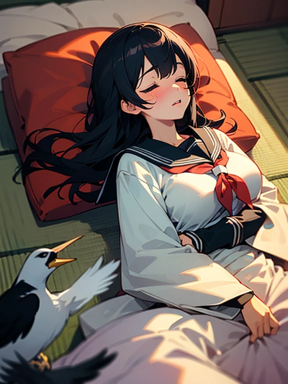1girl, solo, pretty girl, 18 years old, black hair, long hair, faint lips, blush, (embarrassed), large breasts, (serafuku),(black serafuku),long sleeve, (Japanese-style room), tatami, Shoji, lying, on back, pillow,((futon)) , comforter, put the the blanket on, sleeping, parted lips, (looking up:1.0), sunset, Bird's-eye view, best quality, detailed, high resolution