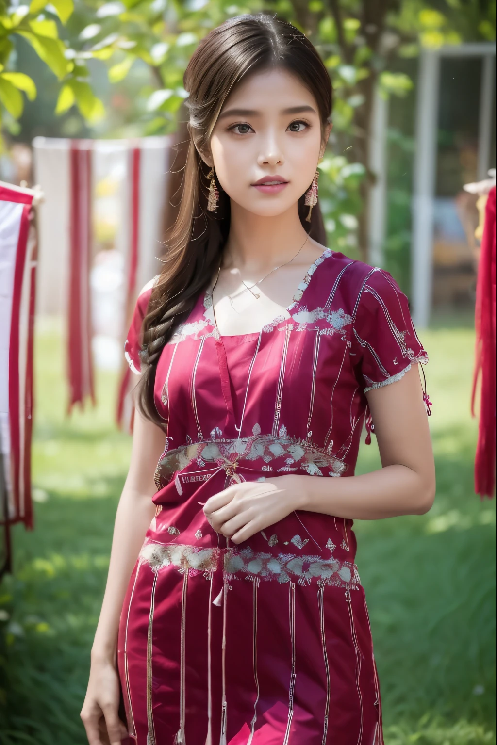 1girl wearing Karen traditional outfit, the blouses are a type of clothing that showcases the skill and creativity of the Karen weavers and embroiderers. They are made of two narrow panels of cotton or silk fabric, woven on backstrap looms, and sewn together to form a tunic-like garment. The ends of the panels are finished with long fringes that hang down from the shoulders and the waist. The blouses are decorated with intricate patterns of embroidery, applique, and beads, using various colors and motifs. Colorful flower crowns, slim fit body, Long shot photography.v shape neck collar line with beads decorated and short sleeves with strings beads decorated, red and white stripes color blouse tunic