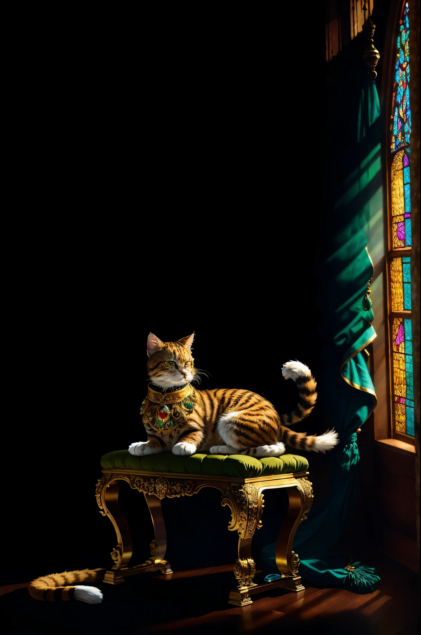 (Masterpiece), (Best quality), 8K, Highly detailed, Ultra-detailed, A captivating image of a regal Bishop cat. The cat, with gold accents on its fur, sits majestically on a grand throne made of intricately carved wood. Its emerald green eyes gleam with wisdom, and its long, flowing tail drapes over the armrest. The cat's collar is adorned with precious gems andgolden bells that jingle softly as it breathes. Surrounding the cat is a dimly lit room with stained glass windows casting a warm, magical glow. Thick, swirling fog filters in through the windows, creating an ethere