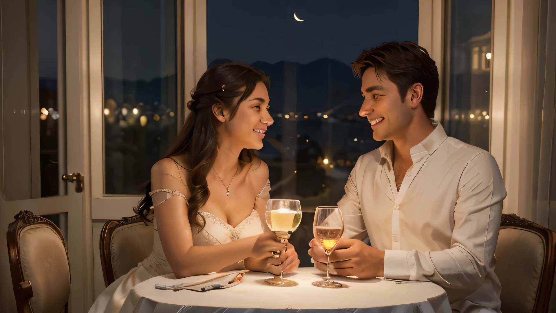 (best quality,4k,8k,highres,masterpiece:1.2),ultra-detailed,(realistic,photorealistic,photo-realistic:1.37),portraits,colorful,romantic,soft lighting,exquisite details,dining table for two,beautiful couple sitting closely,lovely expressions,gorgeous candlelight,red roses,heart-shaped decorations,delicious gourmet food,sparkling champagne,celebratory atmosphere,dressed up in elegant outfits,holding hands,smiling,breathtaking landscape outside the window,moonlit sky,twinkling stars,emotional connection,love and happiness,innocent romance,forever together,memorable evening,unforgettable memories,joyful laughter,entwined hearts,endless love,cupid's arrow,amorous gestures,serene ambiance,warm and cozy,pleasant surprises,magic in the air.