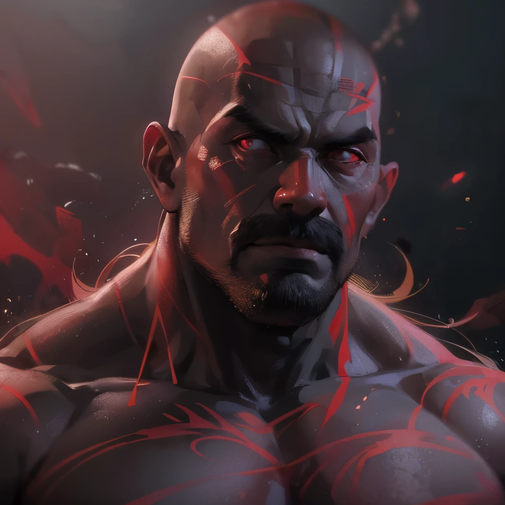(masterpiece), 8k cg, intricate details, chromatic aberration, ((bust shot)), ((looking at viewer)), 1man, Sweet Tooth, (Red eyes, Shirtless), Face Scars, Rugged, Ugly, Mustache, Bald Head, Extremely Muscular Body, Huge Muscles, Huge Arms, wide shoulders, body builder, strong face, scowl, absurdres, cinematic lighting, dynamic lighting, fantasy, ((dark background, fog))