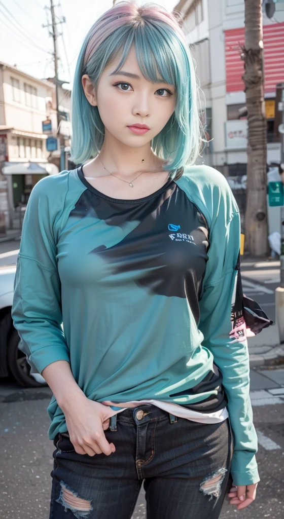 1 girl、foto de la joven (Sana Minatonazi:NamiTamaki:0.5) High resolution 1.2, (8k, RAW Photo, Best quality, Masterpiece), (realistic, photo-realistic:1.4), Ultra detailed, big face, On the street Tokio, sexy, medium height, beautiful woman, Yukata Beauty, the night、A landscape urban、City light、Upper body、sexy, close-up、(realistic cyan blue eyes:1.3), Asian woman with fine hair pink Cheng Yi, fine pink hair, inspired by Yanjun Cheng, flowing hair, Realistic skin tone, soft mouth, short pink hair, realistic pink short hair, very pretty, full body, realistic faces、pink hair,、(8k、raw photography、premium 、masterpiece:1.2)、(realistic、photorealistic:1.37), (pink hair), Ear hair, medium tits), wearing (black t-shirt:1.2) , pink top, long jeans, black texan jacket, pink and white sneakers, differnt realistic poses