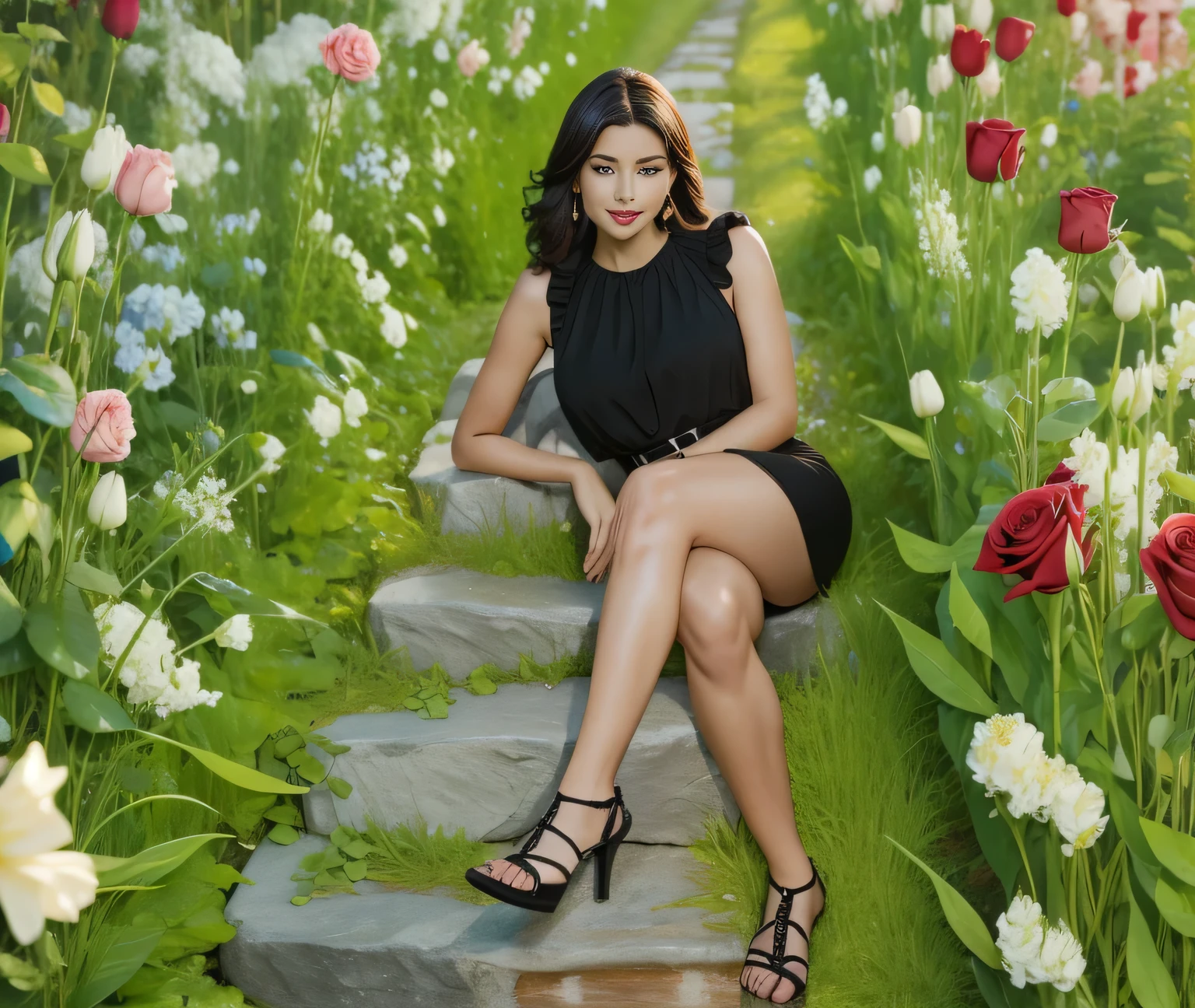 mulher sentada em um caminho de pedra cercada por flores, sentado com flores, foto de marketing, mulher em flores, foto glamorosa, sentado em um jardim de rosas, sentado no jardim, pernas crossed, thick pernas, usando um vestido preto justo, pernas beautiful, visible pernas, Usando um vestido preto, elegant pernas, full pernas, Usando um vestido preto, elegant pernas, pernas, imagem interna, (30 anos), juicy pernas. Ela tem 162 cm de altura e seu corpo pesa 56 kg. Your body exudes glamor and your face is the definition of beauty. shapely pernas. Altamente realista, pele avermelhada, beautiful lips, sorriso, feeling of lightness and joy, hiperrealismo, pele muito elaborada, olhar direto, trabalho de arte, alta qualidade, grande clareza, high resolution, 8k.