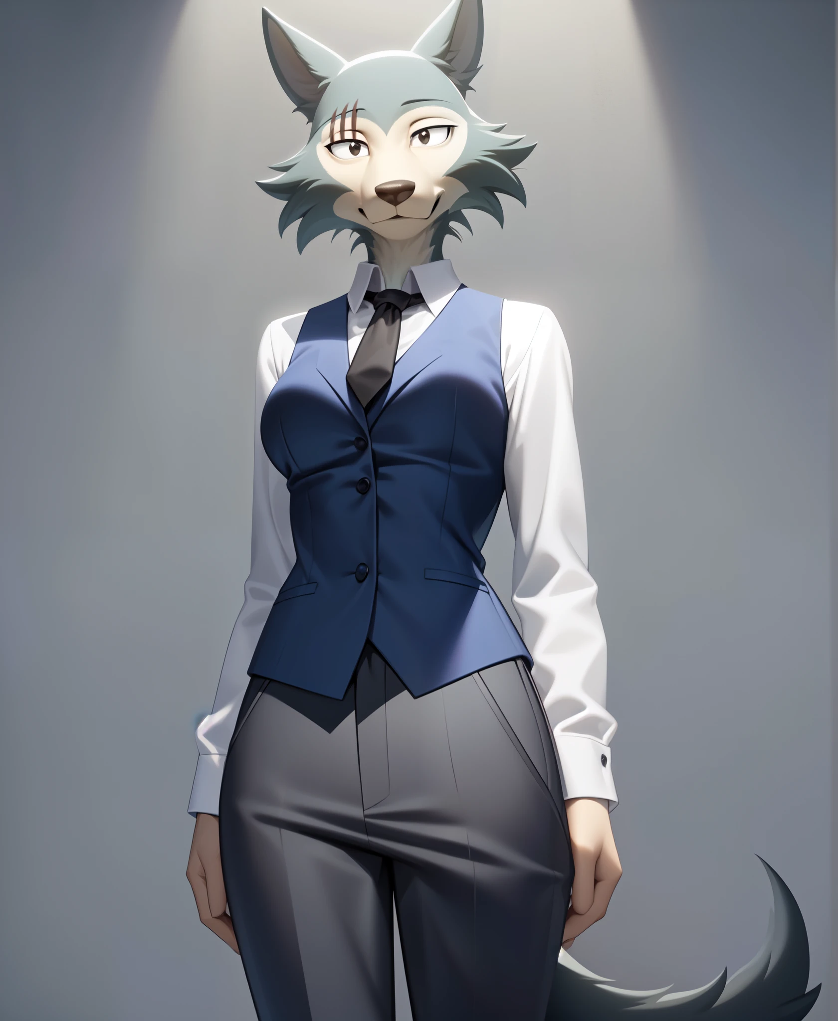 (best quality, masterpiece:1), furry female anthro legoshi wolf, solo, standing, grey hands, medium breasts, body fur, white dress shirt, grey necktie, (eye scar:1.1), blue vest, striped pants, long sleeves, looking at viewer, smile, closed mouth, abstract background, detailed octane render,  black eyes, small pupils, tail, 