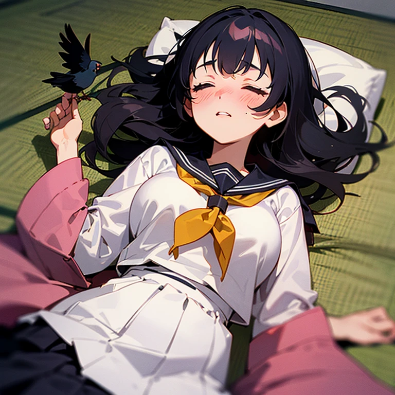 1girl, solo, pretty girl, 18 years old, black hair, long hair, faint lips, blush, (embarrassed), large breasts, (serafuku),(black serafuku),long sleeve, (Japanese-style room), tatami, Shoji, lying, on back, pillow,((futon)) , comforter, put the the blanket on, closed eyes, parted lips, (looking up:1.0), sunset, Bird's-eye view, best quality, detailed, high resolution