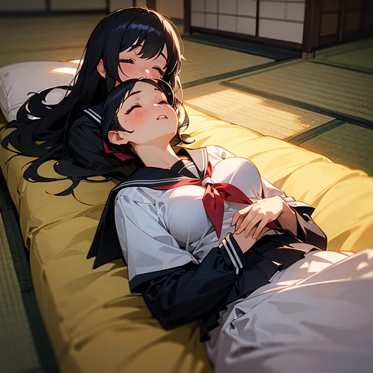 1girl, solo, pretty girl, 18 years old, black hair, long hair, faint lips, blush, (embarrassed), large breasts, (serafuku),(black serafuku),long sleeve, (Japanese-style room), tatami, Shoji, lying, on back, pillow,((futon)) , comforter, put the the blanket on, closed eyes, parted lips, (looking up:1.0), sunset, Bird's-eye view, best quality, detailed, high resolution
