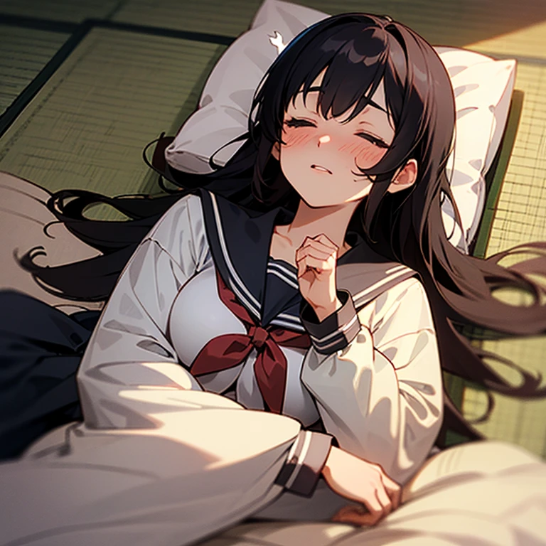1girl, solo, pretty girl, 18 years old, black hair, long hair, faint lips, blush, (embarrassed), large breasts, (serafuku),(black serafuku),long sleeve, (Japanese-style room), tatami, Shoji, lying, on back, pillow,((futon)) , comforter, put the the blanket on, closed eyes, parted lips, (looking up:1.0), sunset, Bird's-eye view, best quality, detailed, high resolution
