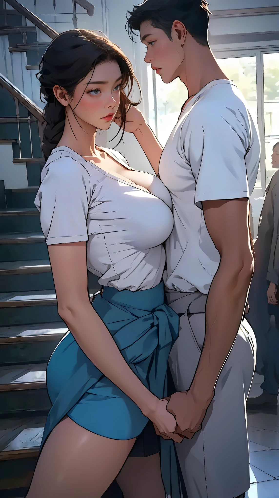 {{male and female couple}}、Stairs in the house、sit on stairs、girl wearing white shirt and tight skirt、The man's icy gaze、boys&#39; 、Put your hands around your waist，Man touching girl&#39;s breasts，Holding big breasts with hands，huge breasts，huge ,masterpiece, best quality, groping, shirt lift, 