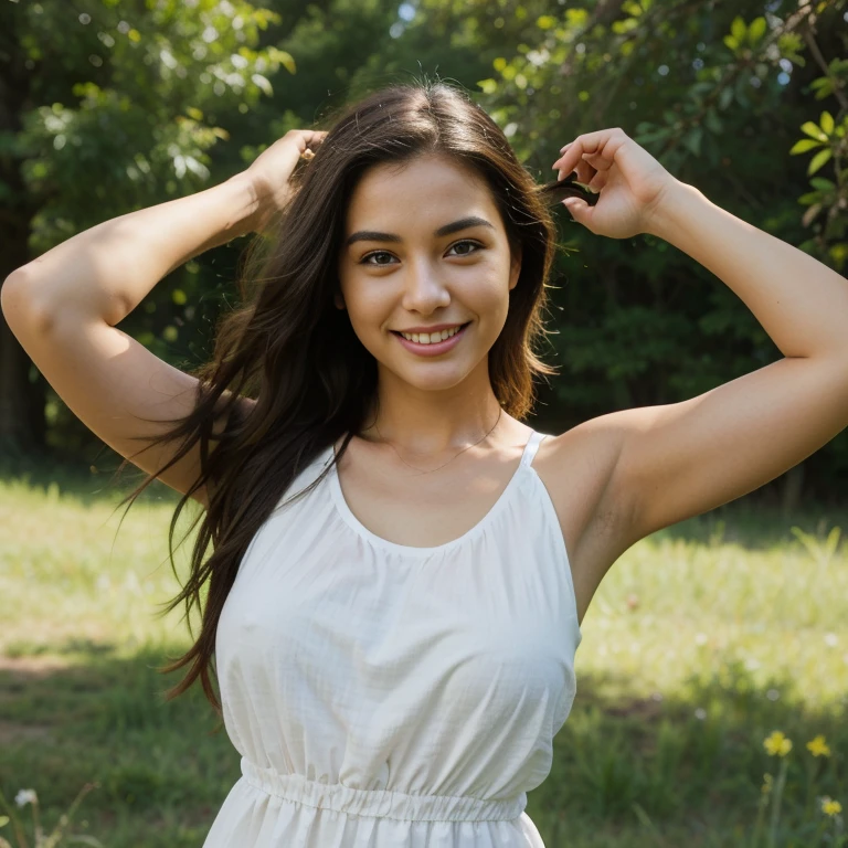 [nudity, explicit] nsfw, A youthful, spirited girl with a radiant smile, her hair playfully tousled by the breeze. She's dressed in light, comfortable attire that suggests a love for nature and adventure perhaps a simple dress or casual outdoor wear. Her eyes sparkle with delight as she takes in the beauty of the surrounding landscape, reflecting a deep appreciation for the natural world and the joy of being alive in such a breathtaking setting.
Realistic with a sense of freshness and vitality, capturing the essence of the outdoors.
Wildflowers in a myriad of colors dotting the grass around her, swaying gently in the breeze.
A clear, high blue sky above, imparting a sense of openness and joy, embodying the vibrancy of life., highres, ultra detailed,
cel shading, bold outlines, flat colors, sharp shadows, graphic style, manga influence, clean linework, striking visuals