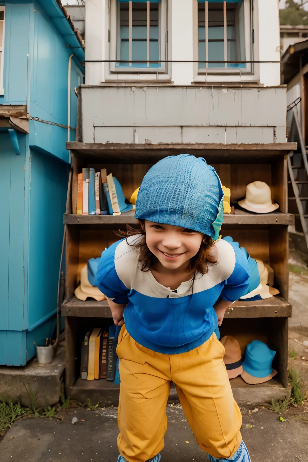 book character: (((bright blue (((hat))) with incredibly huge hard brim))), a -yeld bo(casually dressed), (disheveled red curls sticking out from under the hat), (smile of a bully), upturned nose, yellow trousers, orange shirt, green tie, white knee socks, shoes, bookshelf graphics, watercolor style, portrait, background - a panorama of the town of small colorful fabulous one-story houses.