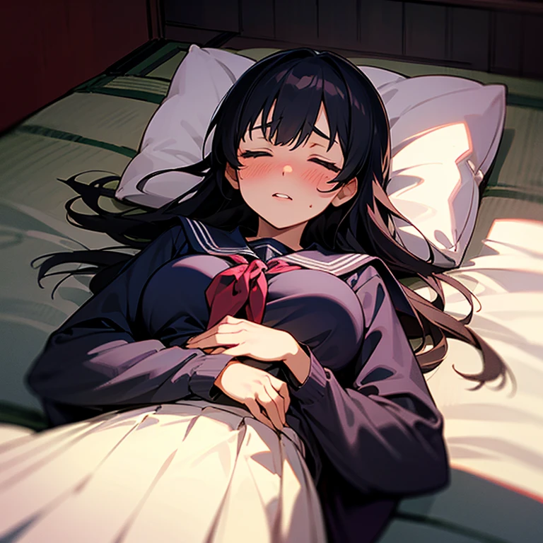 1girl, solo, pretty girl, 18 years old, black hair, long hair, faint lips, blush, (embarrassed), large breasts, (serafuku),(black serafuku),long sleeve, (Japanese-style room), tatami, Shoji, lying, on back, pillow,((futon)) , comforter, put the the blanket on, closed eyes, parted lips, (looking up:1.0), sunset, dutch angle, best quality, detailed, high resolution
