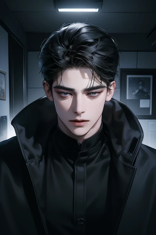 (best quality detailed image beautiful image 8K photorealistic dramatic lighting 1:1) (digital art digital illustration),Office interior， (camera focused on face) (cold colors dim lighting) Art Manhwa 29 year old man very handsome black hair black clothes black eyes (piercing gaze cold expression perfect face perfect lines) walking in a chaotic dystopia 
