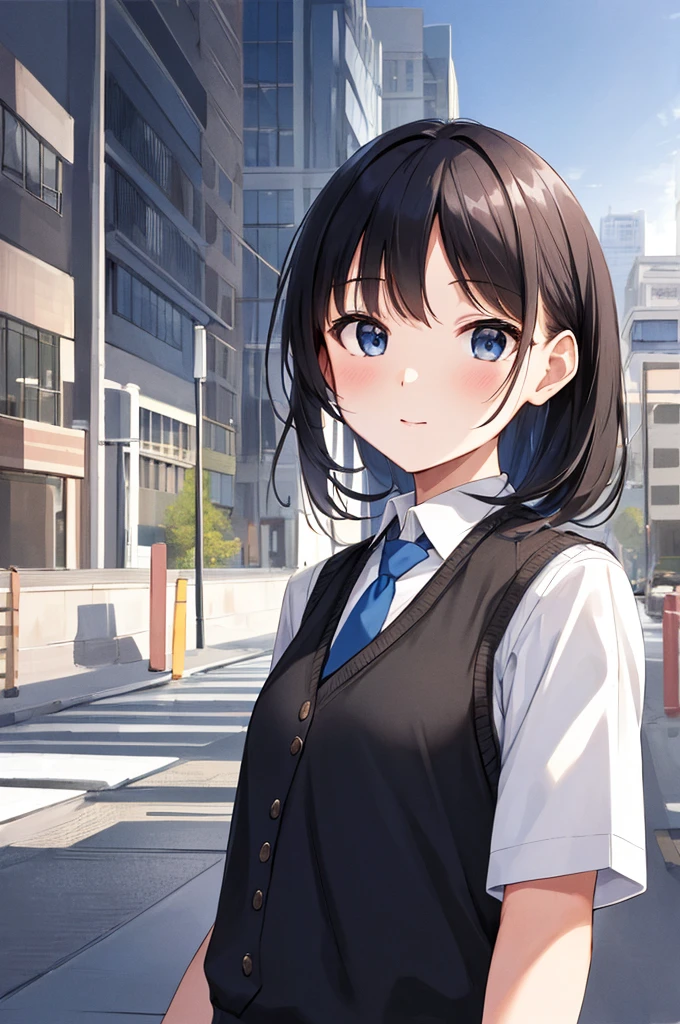 masterpiece, high quality, 8k, beautiful lighting, 1girl, solo, akane, white shirt, sweater vest, black vest, blue necktie, outdoors, upper body, portrait, bush, looking at viewer, buildings, city