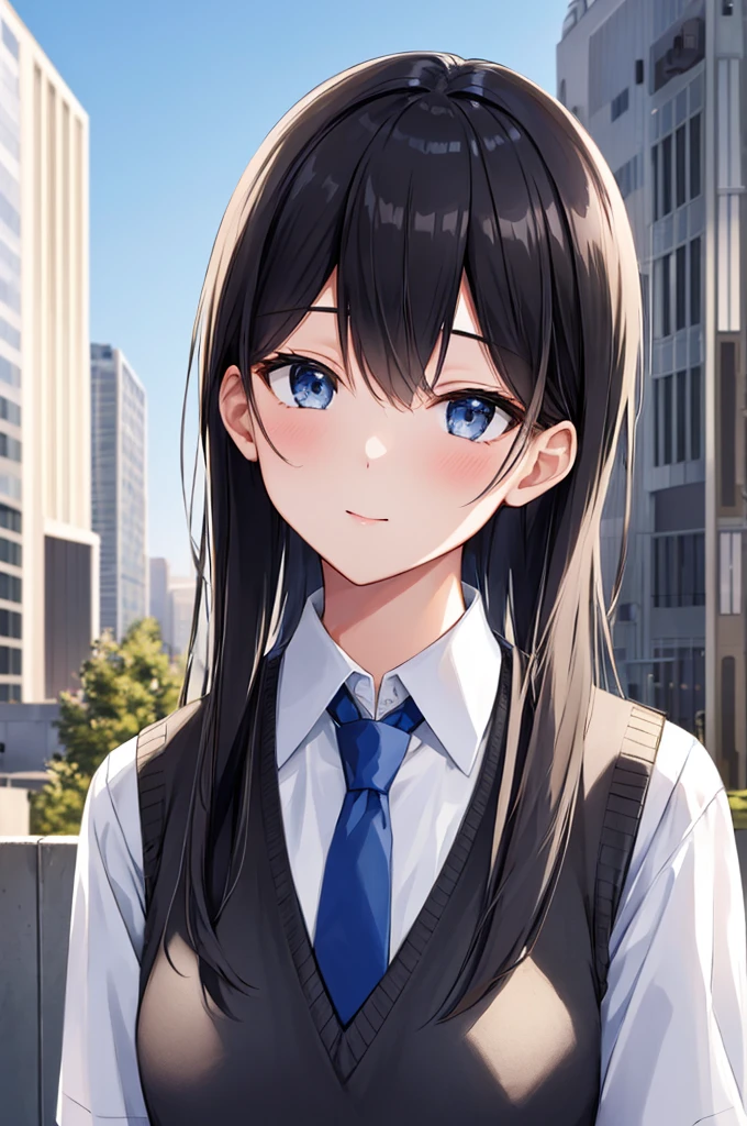 masterpiece, high quality, 8k, beautiful lighting, 1girl, solo, akane, white shirt, sweater vest, black vest, blue necktie, outdoors, upper body, portrait, bush, looking at viewer, buildings, city